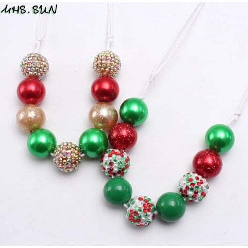 MHS.SUN Christmas Festival Beads Necklace Kids Girls Adjustable Rope Necklace Green/Red Beaded Jewelry For Children 1Pcs