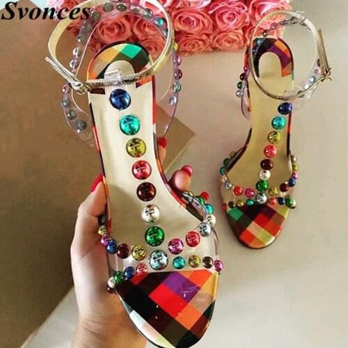 See-Through Bauble-Studded High Heel Sandals Rainbow Studs T-Strap Sandals Women Summer Shoes Embellished Bead PVC Women Sandals