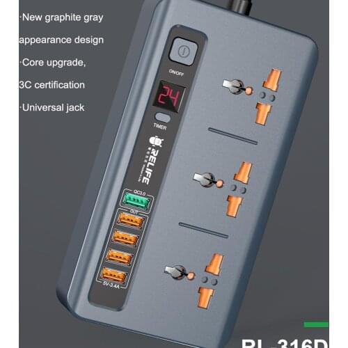 RELIFE RL-316D Timer switch socket 3 power universal socket 2500W 5 USB fast charging home smart LED digital display