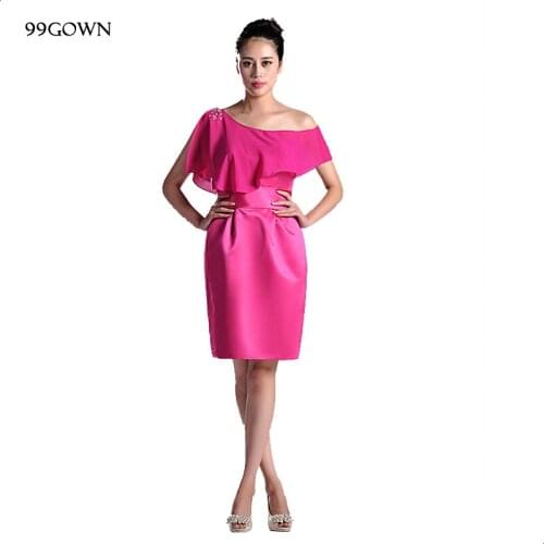 99GOWN Luxury Satin Wedding Party Dress For Bridesmaid Sexy One Shoulder Ruffled Knee-Length Wedding Guest Dress