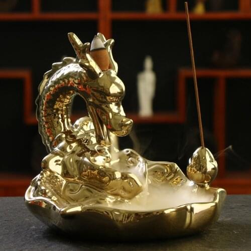 With 10pcs Incense Cones Gold Dragon Backflow Incense Burner Incense Stick Censer China Dragon Gift