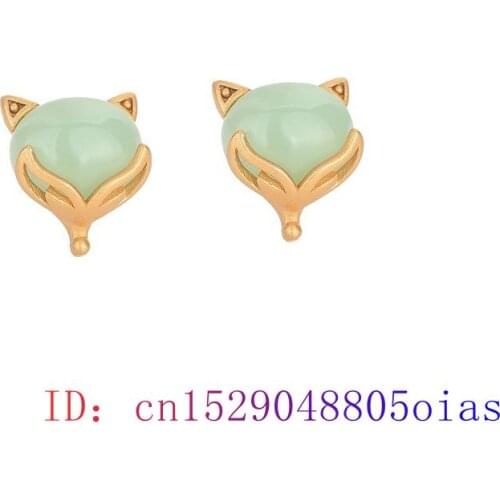 Green Jade Fox Ear Studs Earrings Charm Amulet Crystal Natural 925 Silver Gemstone Fashion Women Gifts Zircon Chalcedony