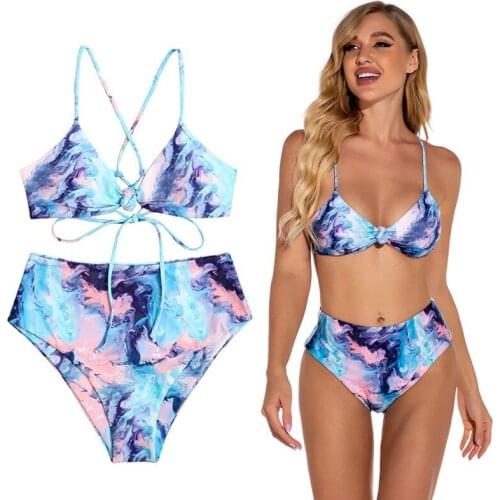 Women/teen girls Swimsuit Two Piece Halter Ruched High Waist Bikini Bathing Suit swimwear Adjustable Back tie-dyed