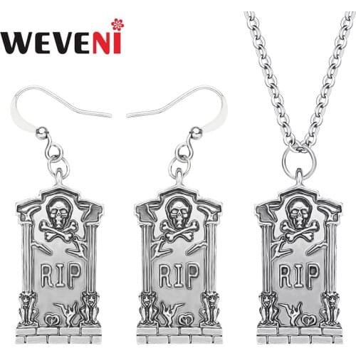WEVENI Halloween Alloy Plated Antique Gold Gravestone Tombstone Jewelry Sets Long Necklace Earrings Jewelry For Women Girls Gift