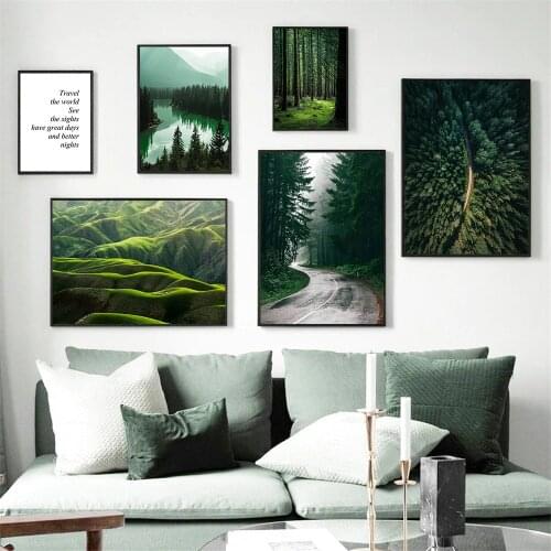 Green Forest River Mountain Landscape Print Painting Highway Trees Nordic Poster Nature Wall Art Pictures Living Room Home Decor