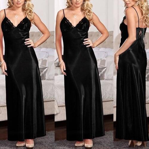 Women V-Neck Imitation Silk Satin Long Nightdress Sexy Lace Lingerie Nightgown Sleepwear Ladies Solid Plus Size Summer Fashion