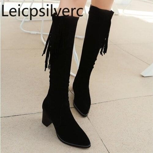 Womens Boots The New winter fashion Pointed zipper tassel mid heel High tube Womens shoes plus size 33-48 Heel Height 6.5cm