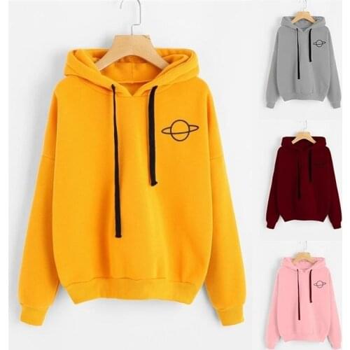 Women Planet Print Hoodies Casual Loose Plus Velvet Hooded Sweatshirt Autumn Girls Long Sleeve Pockets Pullovers Hoody Plus Size