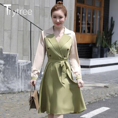 Trytree 2020 Autumn Winter Women Casual Dress Turn-down Collar Belt Patchwork A-line Loose Fashion Office Lady Knee-Length Dress