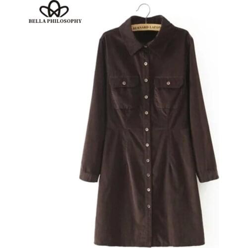 Bella Philosophy autumn winter solid corduroy cotton slim women long shirt dress women button casual ladies vestidos