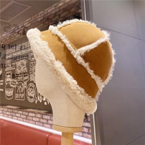 Winter Bucket Hat for Women Suede with Fox Fur Rabbit Fur Warm Solid Men Winter Hats Black White Khaki Octagonal Caps Female