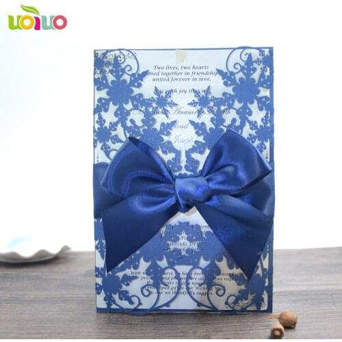 2017 New Free logo Royal blue bow designed elegant laser cut wedding invitations cards 10pcs/lot