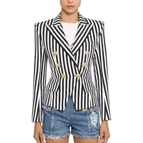 2021 Women Jackets Spring Outwear Double Breasted Coat Gold Metal Striped Slim Casual Cotton Tops Clothes Plus size