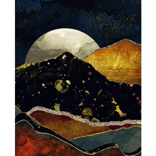 Abstract Stars Moon Landscape Canvas Painting Mountain Lake Room Posters Prints Space Galaxy Wall Art Picture For Living Room