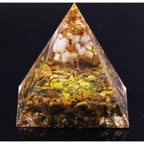 Handmade White Crystal Tree Of Life Orgone Pyramid Tiger Eye Stone Healing Orgonite Pyramid Resin Ornaments