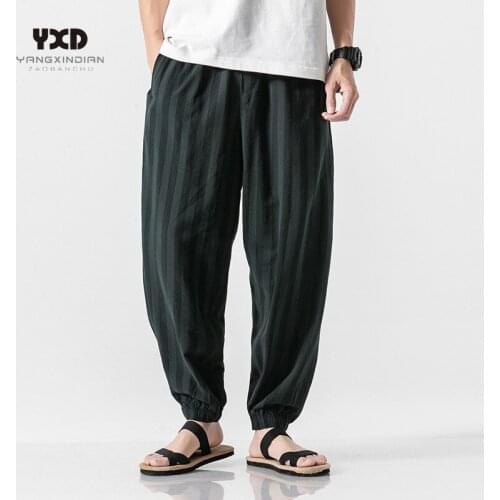 Men clothing chinese style mens cotton linen pants mans loose stripe harem pants man sport trousers joggers harajuku sweatpant