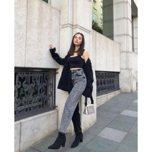 %100 Cotton Black Smoked Double Color Mom Jean Pants High Waist Jeans Color Denim For Woman Style Fashion Streetwear