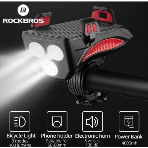 ROCKBROS Multifunctional Bike Light USB Rechargeable 130dB Bicycle Handlebar Light Waterproof Bike Headlight Phone Holder