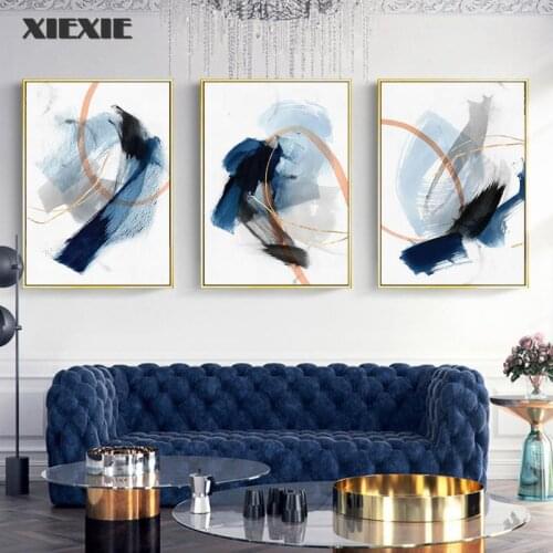 Modern Abstract Blue Splash Ink Drawing Abstract Lines Canvas Painting Poster Print Wall Art Picture for Living Room Home Decor