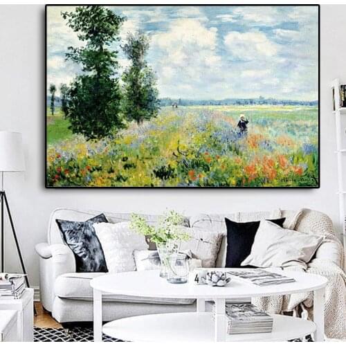 Claude Monet Poppy Field Landscape Oil Painting on Canvas Reproduction Posters Impressionist Wall Art Living Room Cuadros