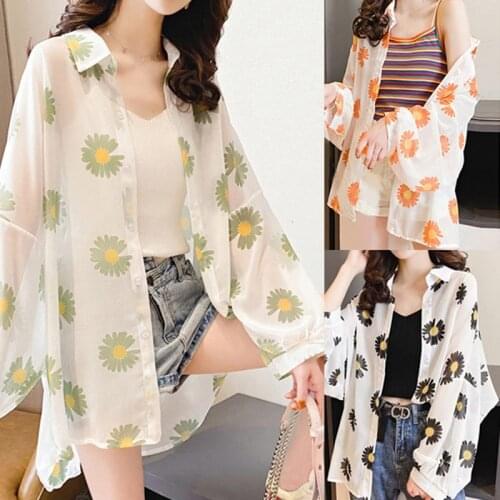 Kili Daisy Printed Sunsn Blouse Shirt Casual Loose Cardigan Transparent Shirt WomenS Sexy Thin Sunsn Top