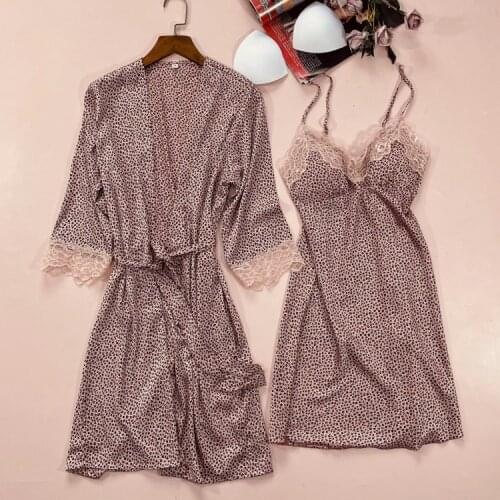 2PCS Sleepwear Women V-neck Robe Set Satin Kimono Gown Leopard Sleep Set Female Nighty&Robe Set Lace Trim Nightgown Home Wear