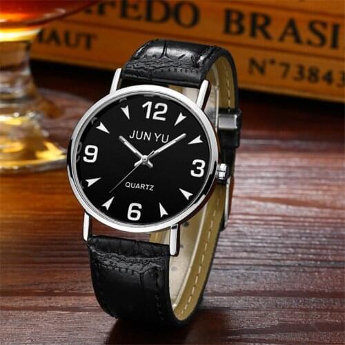 High Quality Luxury Brand Jun Yu Blue Glass Classic Watch Fashion Mens Watch Leather Strap Analog Clock Wristwatch Reloj Hombre