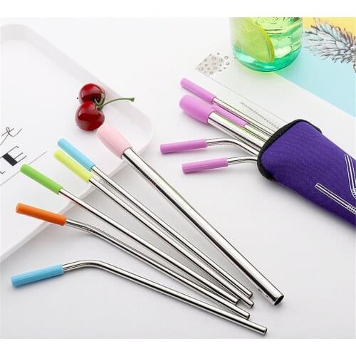 18/8 Food Grade Straw Bar Drink Tool Portable Stainless Steel Straw Set Reusable Silicone Head Straw Accessories