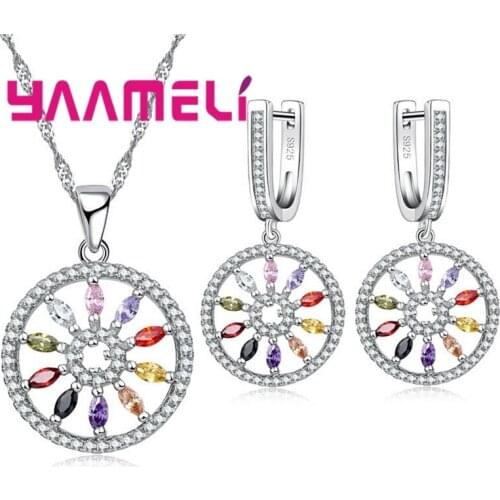 Ferris Wheel Shape Crystal Pendant Women Round Jewelry Sets 925 Sterling Silver Cubic Zirconia Necklace Earrings