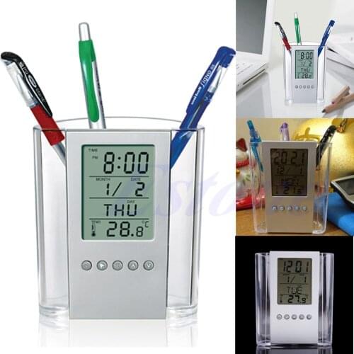 LCD Digital Alarm Clock Desk Pencil Pen Holder Organizer Thermometer Calendar
