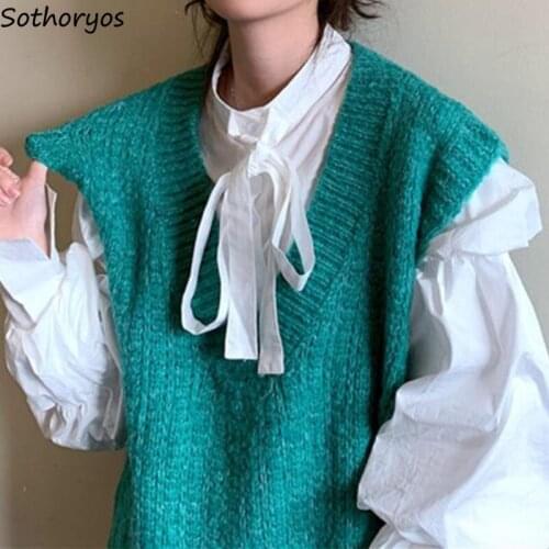 Tender Sweater Vests Women Preppy Sweet Cute Knitted Jumpers Ladies OL Warm Solid V-neck All-match Knitwear Popular Streetwear