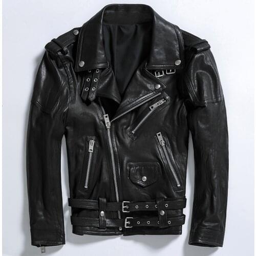 Spring New Black Oblique Zipper Leather Jacket Mens Slim Genuine Sheepskin Jacket SVegetable Tanned Motorcycle Biker Coat