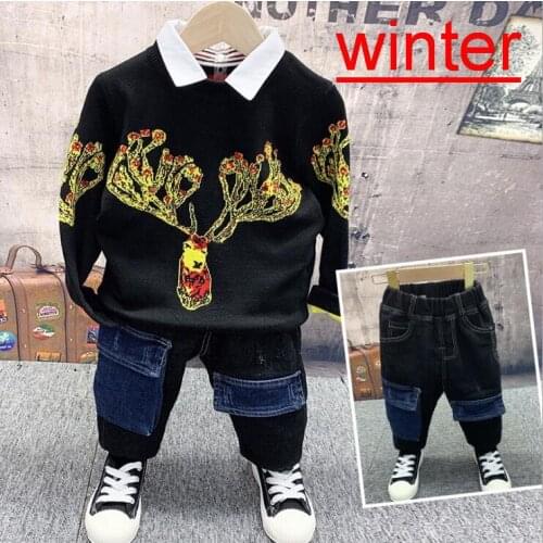 Cotton Baby Boys Clothes Set Autumn Winter Baby Clothing Long Sleeve Knitted Sweater +Thickened Jeans 2Pcs Children Sport Suit