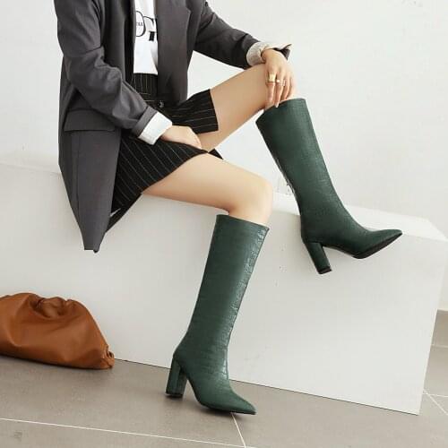 SAMSACQ Knee High Boots For Thin Legs Long Boots Womens Winter Warm Boots Side Round Toe Square High Heels Knee High Booties