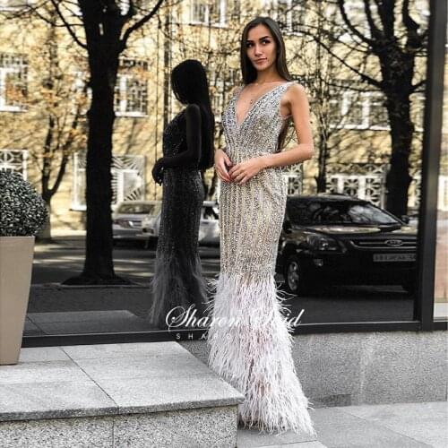 Sexy V-Neck Backless Mermaid Feathers Evening Dress Luxury Dubai Crystal Formal Prom Dresses for Women Wedding Graduation Party
