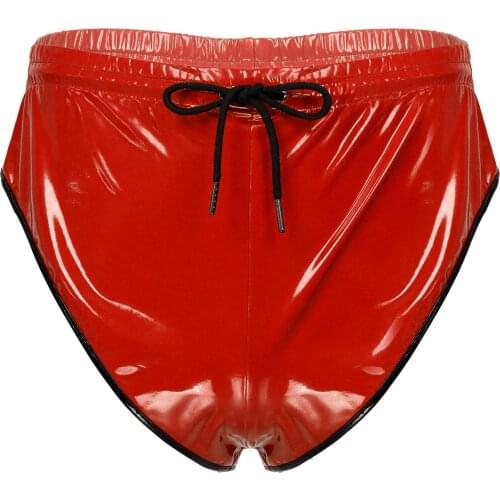 Men Shiny Patent Leather Drawstring Shorts Briefs with Pocket Elastic Waistband Lace Up Short Pants for Club Stage Performance