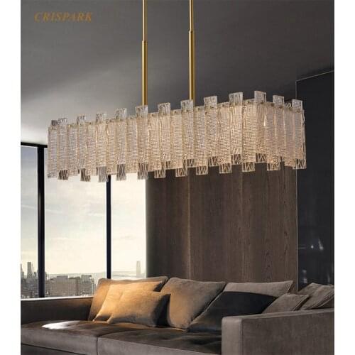 Modern Crystal Rectangular Chandelier Lighting LED Art Deco Lustre Cristal Golden Metal Hanging Lamp Indoor Light Fixture
