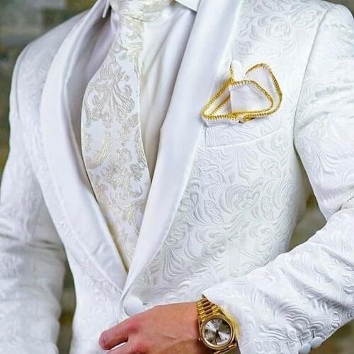 High Quality One Button White Paisley Groom Tuxedos Shawl Lapel Groomsmen Mens Suits Blazers (Jacket+Pants)
