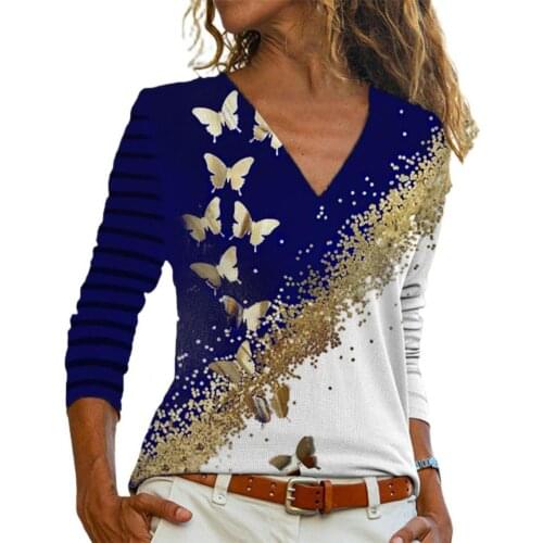 Hot Sale Fashion New Long Sleeve Golden Butterflies Print Women T-shirt Casual Slim V-Neck Autumn Top Streetwear Plus Size 2021
