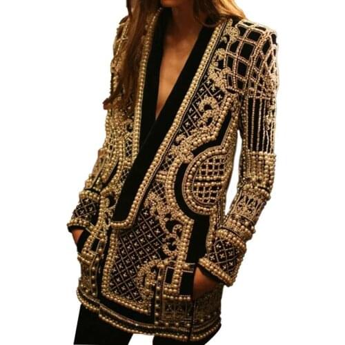 2021 winter v-neck sexy long-sleeve thickening mid-long blazer bubble beaded pearls beads Blazer
