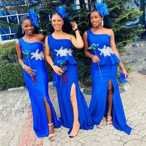 Formal Royal Blue Mermaid Bridesmaid Dresses One Shoulder Applique Lace Long Wedding Party Dress 2021 African Women