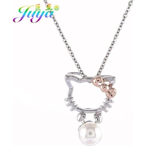 Juya Handmade Cute Cat Necklace Women Fashion Pave Zircon Animal Cat Pendant Necklace Fashion Pearls Necklace
