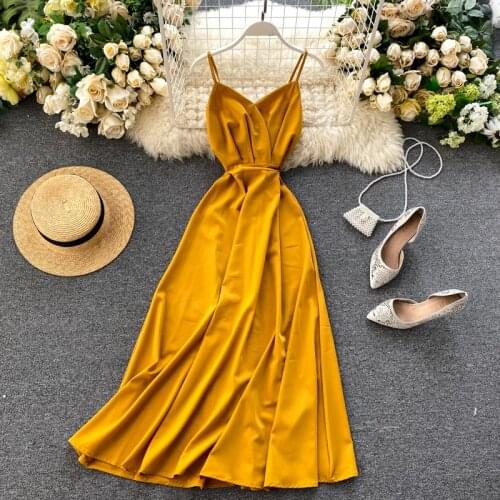 Vintage 2021 V Neck spaghetti strap Dress Summer Party midi long dress Women draped A-Line Beach Holiday elegant tunic dresses