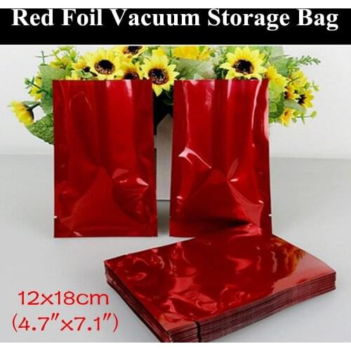 100pcs 12x18cm (4.7"x7.1") 180micron Glossy Red Aluminum Foil Open Top Bag Heat Sealing Vacuum Zipper Red Packaging Pouch