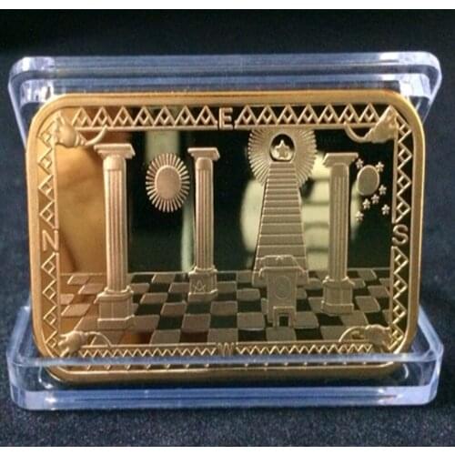 2 pcs The Mason bullion bar 1 OZ gold plated freemason ingot badge 50 mm x 28 mm collectible bars with different serial number