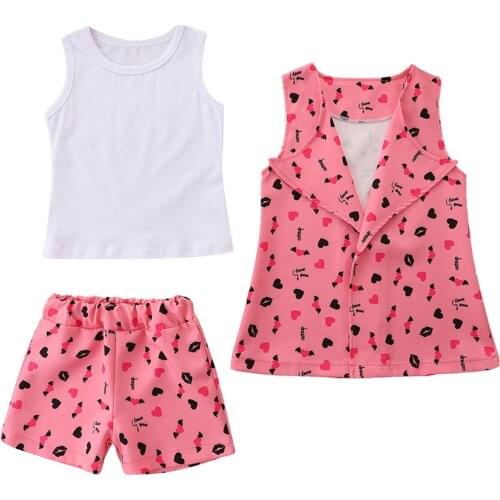 2021 0-5Y Fashion Kids Baby Girl Clothing Set 3pcs Hearts Print Cardigan Coats+White Vest+Shorts Suits Summer Outfits Set