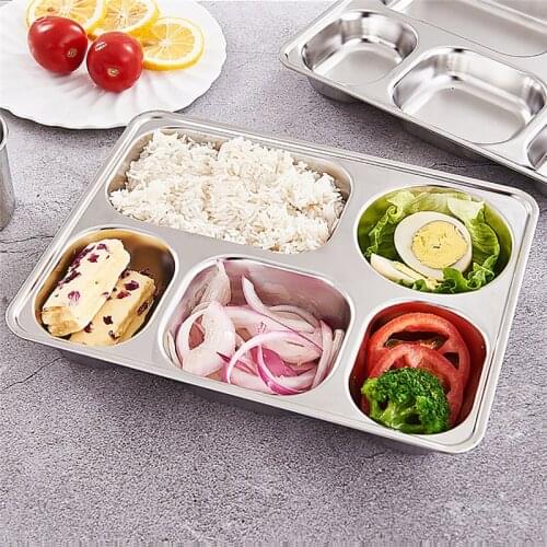 3/4/5 Sections High Quality Stainless Steel Divided Dinner Tray Lunch Container Food Plate for School Canteen