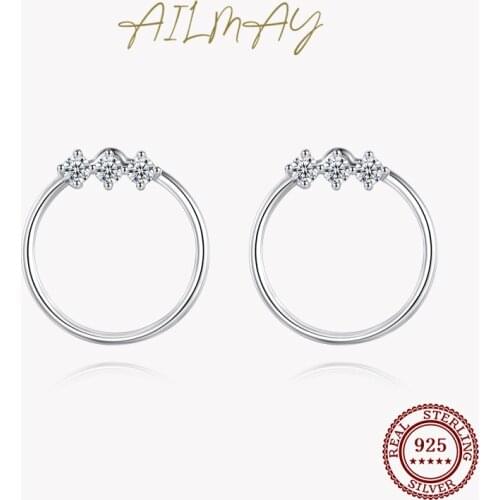 Ailmay 925 Sterling Silver Simple Geometric Round Design Sparkling CZ Stud Earrings For Women Girls Party Accessories Jewelry