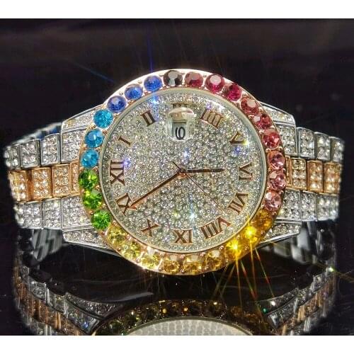 Missfox Rainbow Diamond Man Watches Iced Out Fashion Wristwatch Men Stainless Steel Quartz Hiphop Relógio Masculino Water Proof