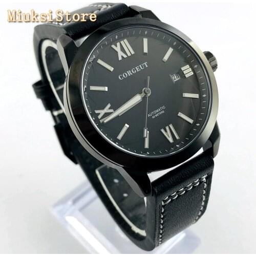 Corgeut 41mm black PVD case black dial date luminous leather strap Waterproof Seagull movement mens new automatic watch